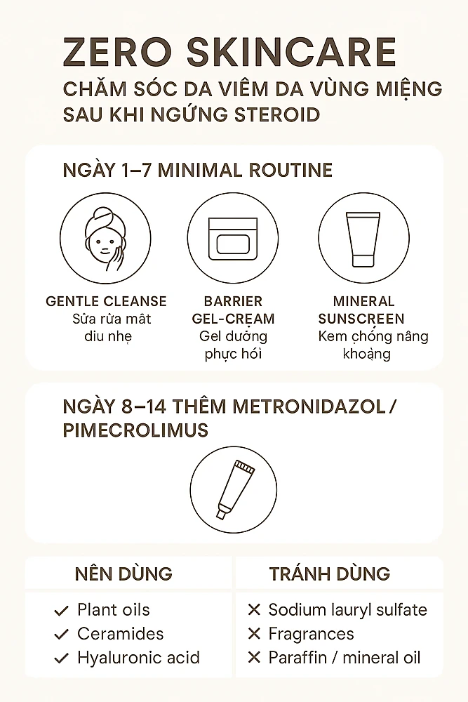 nfographic bậc điều trị viêm da quanh miệng: zero skincare → thuốc bôi chống viêm → doxycycline 6–12 tuần → isotretinoin liều thấp cho ca kháng trị.